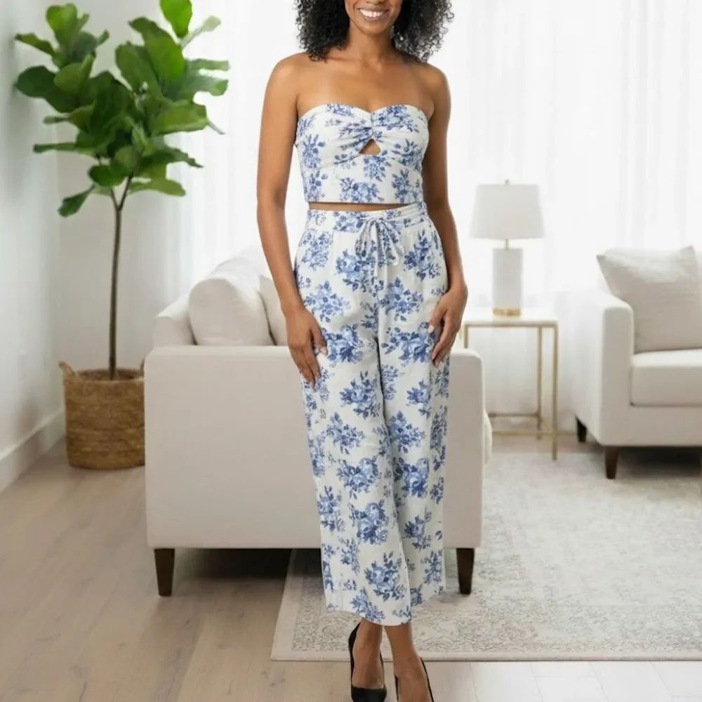 Monteau Linen Blend Whit Blue Floral Strapless Top Pants Set Size M